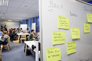 Innovation classroom with whiteboard and post-its